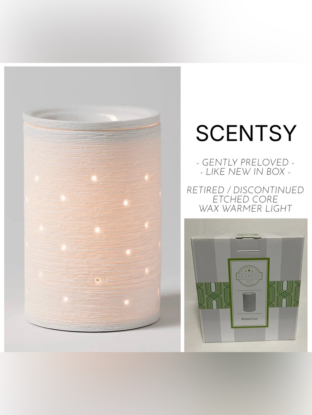 SCENTSY - LIKE NEW / GENTLY PRELOVED - IN BOX - ETCHED CORE WAX WARMER LIGHT